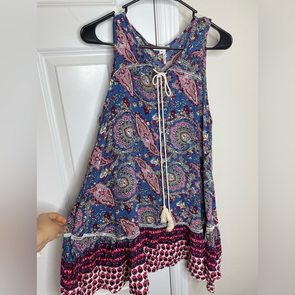 Soieblu Blue Paisley Boho Sleeveless Tassel Tie Dress Tunic Dress Size M - Picture 4 of 8